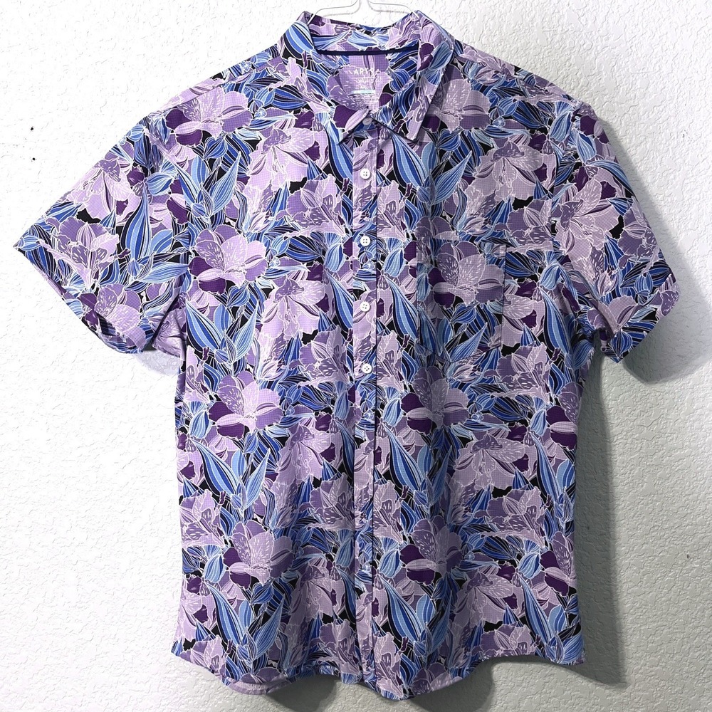 Apt 9 Button Down Shirt Mens XXL Purple Floral Slim Fit Performance Short Sleeve